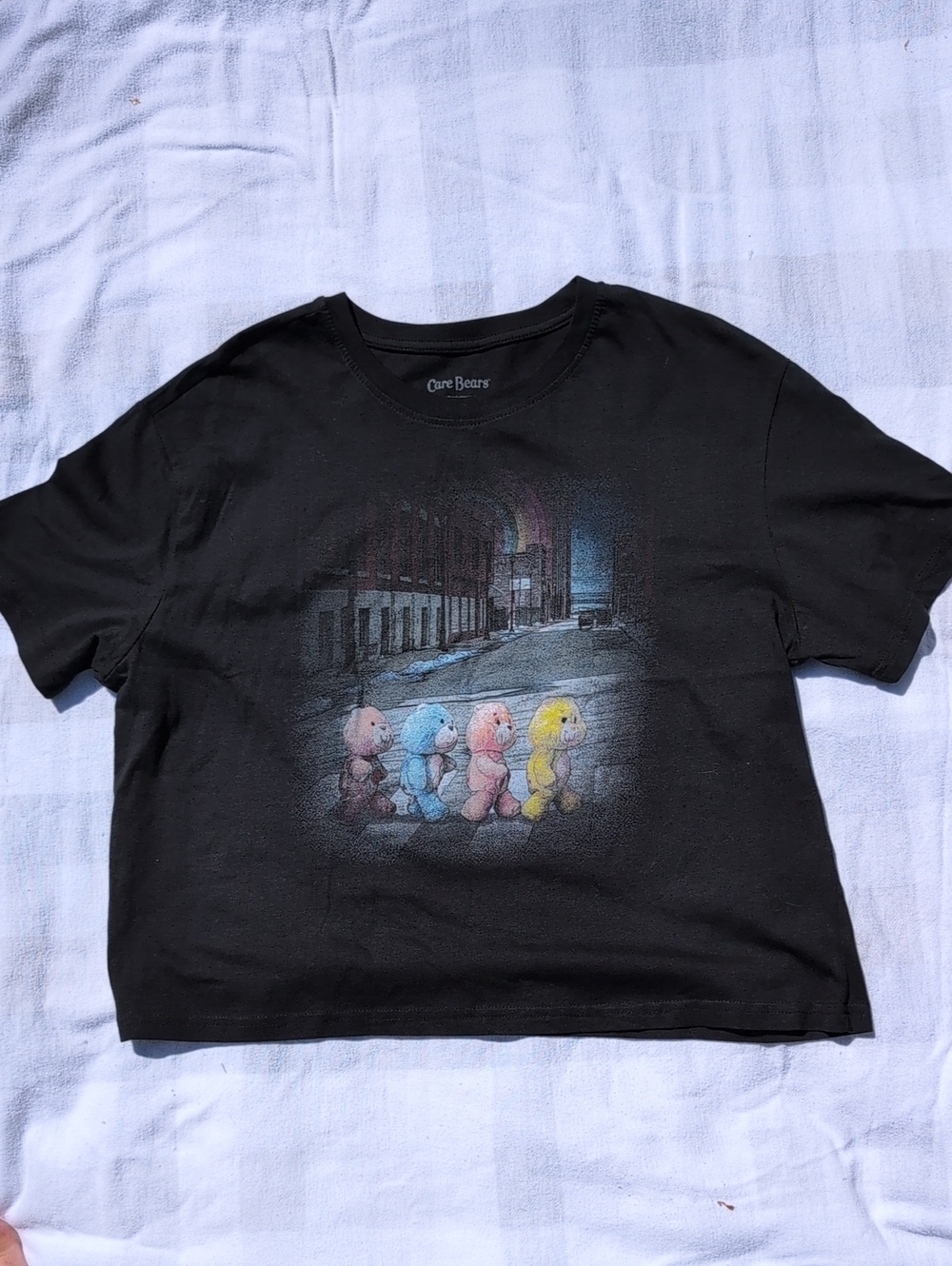Care Bears Black Cropped Tee with Pink Blue Yellow Bears Graphic L